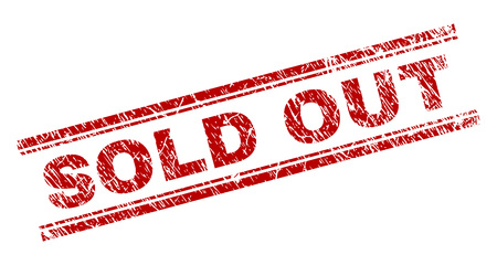 SOLD OUT seal stamp with grunge texture. Red vector rubber print of SOLD OUT text with unclean texture. Text caption is placed between double parallel lines.のイラスト素材