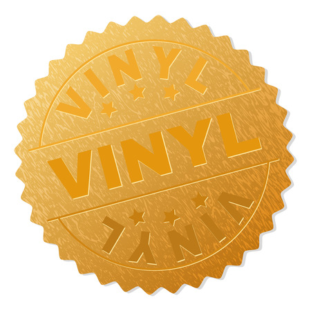 VINYL gold stamp reward. Vector gold award with VINYL text. Text labels are placed between parallel lines and on circle. Golden surface has metallic texture.のイラスト素材