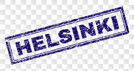 HELSINKI stamp seal watermark with rubber print style and double framed rectangle shape. Stamp is placed on a transparent background. Blue vector rubber print of HELSINKI caption with unclean texture.のイラスト素材