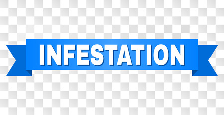 INFESTATION text on a ribbon. Designed with white caption and blue stripe. Vector banner with INFESTATION tag on a transparent background.のイラスト素材
