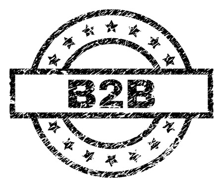 B2B stamp seal watermark with distress style. Designed with rectangle, circles and stars. Black vector rubber print of B2B caption with dirty texture.のイラスト素材