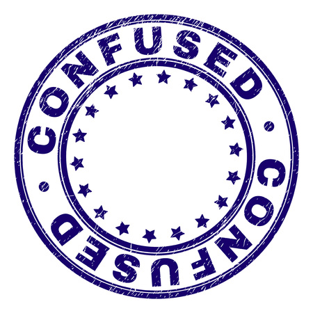 CONFUSED stamp seal imprint with distress texture. Designed with round shapes and stars. Blue vector rubber print of CONFUSED title with retro texture.のイラスト素材