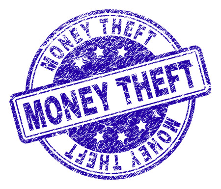 MONEY THEFT stamp seal watermark with grunge texture. Designed with rounded rectangles and circles. Blue vector rubber print of MONEY THEFT text with corroded texture.のイラスト素材