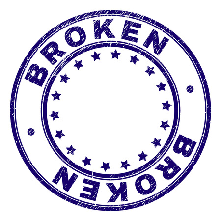 BROKEN stamp seal imprint with grunge texture. Designed with circles and stars. Blue vector rubber print of BROKEN tag with grunge texture.のイラスト素材