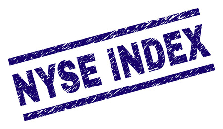 NYSE INDEX seal print with scratced style. Blue vector rubber print of NYSE INDEX text with dust texture. Text title is placed between parallel lines.のイラスト素材