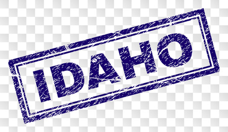 IDAHO stamp seal imprint with rubber print style and double framed rectangle shape. Stamp is placed on a transparent background. Blue vector rubber print of IDAHO caption with scratched texture.のイラスト素材