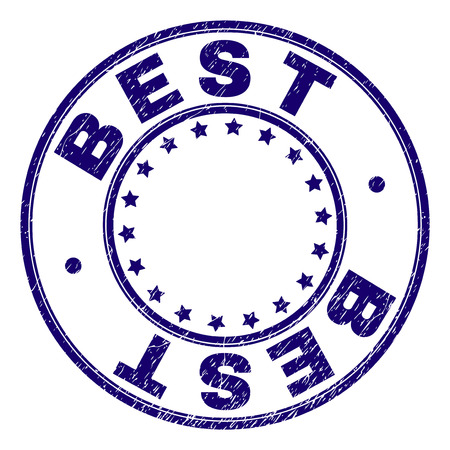BEST stamp seal imprint with grunge texture. Designed with round shapes and stars. Blue vector rubber print of BEST text with scratched texture.のイラスト素材