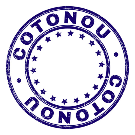COTONOU stamp seal watermark with distress texture. Designed with circles and stars. Blue vector rubber print of COTONOU tag with dust texture.のイラスト素材