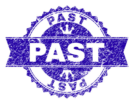 PAST rosette stamp watermark with distress texture. Designed with round rosette, ribbon and small crowns. Blue vector rubber watermark of PAST label with dust texture.のイラスト素材