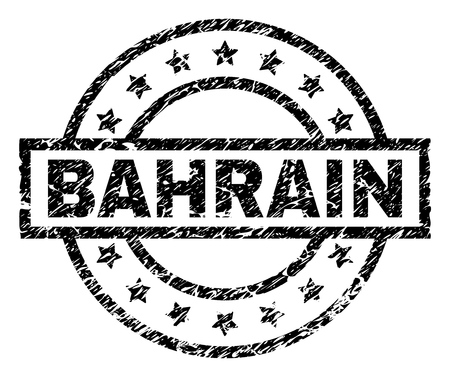 BAHRAIN stamp seal watermark with distress style. Designed with rectangle, circles and stars. Black vector rubber print of BAHRAIN text with dirty texture.のイラスト素材