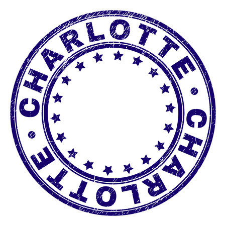CHARLOTTE stamp seal imprint with grunge effect. Designed with circles and stars. Blue vector rubber print of CHARLOTTE title with grunge texture.のイラスト素材