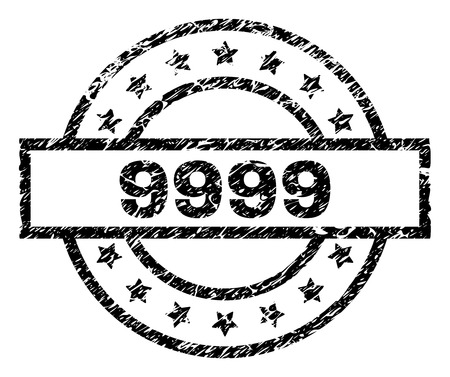 9999 stamp seal watermark with distress style. Designed with rectangle, circles and stars. Black vector rubber print of 9999 tag with dust texture.のイラスト素材