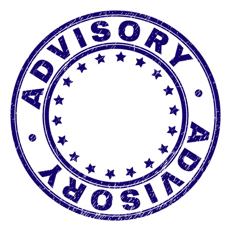 ADVISORY stamp seal imprint with grunge texture. Designed with round shapes and stars. Blue vector rubber print of ADVISORY label with scratched texture.のイラスト素材