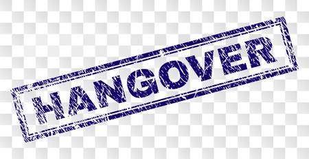 HANGOVER stamp seal watermark with rubber print style and double framed rectangle shape. Stamp is placed on a transparent background. Blue vector rubber print of HANGOVER title with dust texture.のイラスト素材