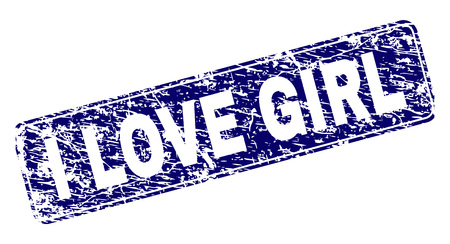 I LOVE GIRL stamp seal print with grunge texture. Seal shape is a rounded rectangle with frame. Blue vector rubber print of I LOVE GIRL title with grunge style.のイラスト素材