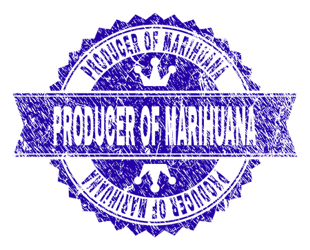 PRODUCER OF MARIHUANA rosette stamp seal imprint with grunge texture. Designed with round rosette, ribbon and small crowns. Blue vector rubber print of PRODUCER OF MARIHUANA title with dust texture.のイラスト素材