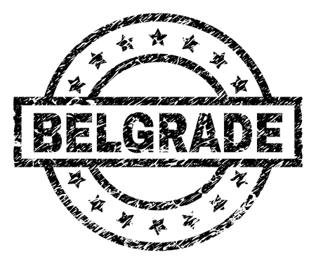 BELGRADE stamp seal watermark with distress style. Designed with rectangle, circles and stars. Black vector rubber print of BELGRADE title with scratched texture.のイラスト素材