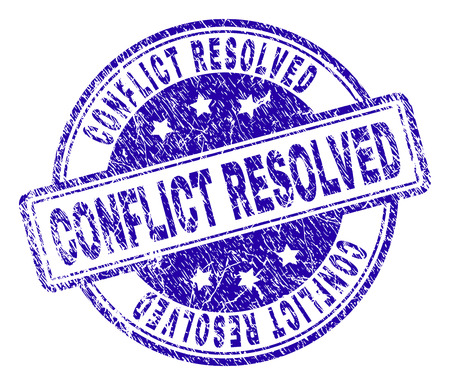 CONFLICT RESOLVED stamp seal watermark with grunge style. Designed with rounded rectangles and circles. Blue vector rubber print of CONFLICT RESOLVED text with grunge texture.のイラスト素材