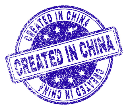 CREATED IN CHINA stamp seal imprint with grunge texture. Designed with rounded rectangles and circles. Blue vector rubber print of CREATED IN CHINA text with retro texture.のイラスト素材