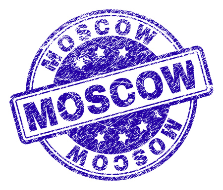 MOSCOW stamp seal imprint with grunge texture. Designed with rounded rectangles and circles. Blue vector rubber print of MOSCOW title with grunge texture.のイラスト素材