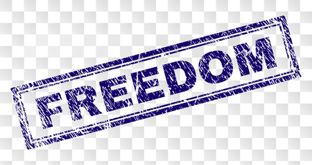 FREEDOM stamp seal imprint with rubber print style and double framed rectangle shape. Stamp is placed on a transparent background. Blue vector rubber print of FREEDOM label with scratched texture.のイラスト素材