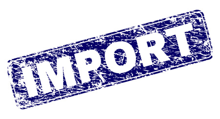 IMPORT stamp seal imprint with grunge texture. Seal shape is a rounded rectangle with frame. Blue vector rubber print of IMPORT tag with grunge texture.のイラスト素材