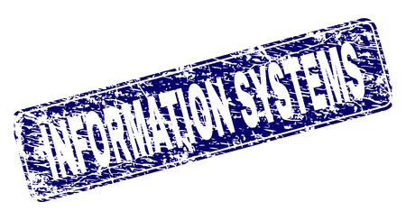 INFORMATION SYSTEMS stamp seal imprint with distress texture. Seal shape is a rounded rectangle with frame. Blue vector rubber print of INFORMATION SYSTEMS title with grunge texture.のイラスト素材