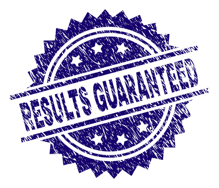 RESULTS GUARANTEED stamp seal watermark with distress style. Blue vector rubber print of RESULTS GUARANTEED label with dust texture.のイラスト素材