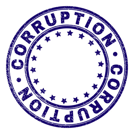 CORRUPTION stamp seal watermark with grunge texture. Designed with circles and stars. Blue vector rubber print of CORRUPTION text with retro texture.のイラスト素材