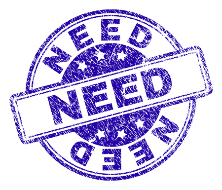 NEED stamp seal watermark with grunge texture. Designed with rounded rectangles and circles. Blue vector rubber print of NEED tag with retro texture.のイラスト素材