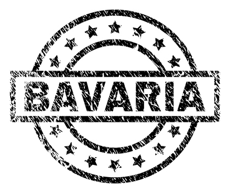BAVARIA stamp seal watermark with distress style. Designed with rectangle, circles and stars. Black vector rubber print of BAVARIA tag with dirty texture.のイラスト素材