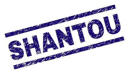SHANTOU seal watermark with grunge style. Blue vector rubber print of SHANTOU text with grunge texture. Text label is placed between parallel lines.のイラスト素材