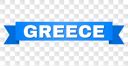 GREECE text on a ribbon. Designed with white title and blue tape. Vector banner with GREECE tag on a transparent background.のイラスト素材