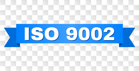 ISO 9002 text on a ribbon. Designed with white caption and blue stripe. Vector banner with ISO 9002 tag on a transparent background.のイラスト素材