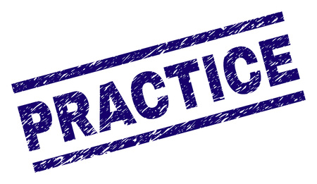 PRACTICE seal print with grunge style. Blue vector rubber print of PRACTICE text with grunge texture. Text label is placed between parallel lines.のイラスト素材