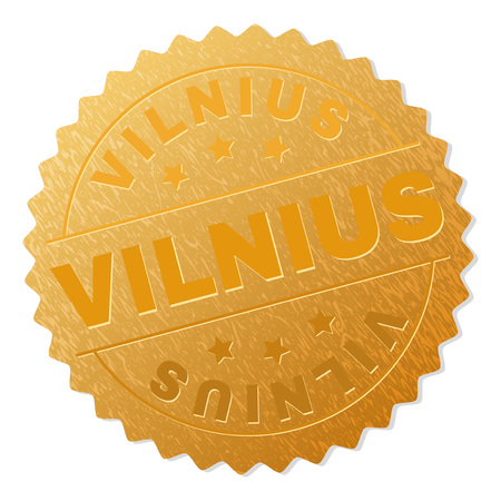 VILNIUS gold stamp award. Vector golden award with VILNIUS caption. Text labels are placed between parallel lines and on circle. Golden surface has metallic structure.のイラスト素材