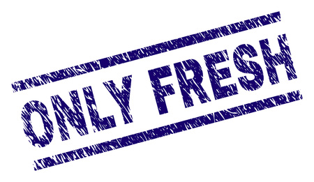 ONLY FRESH seal watermark with grunge style. Blue vector rubber print of ONLY FRESH tag with grunge texture. Text title is placed between parallel lines.のイラスト素材