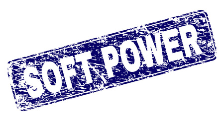 SOFT POWER stamp seal print with grunge style. Seal shape is a rounded rectangle with frame. Blue vector rubber print of SOFT POWER label with corroded style.のイラスト素材