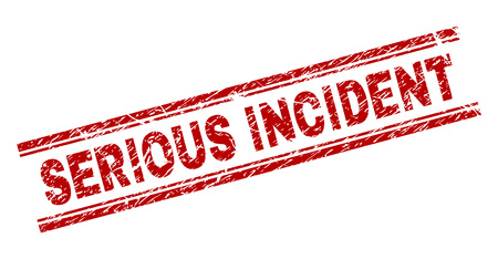 SERIOUS INCIDENT seal watermark with corroded texture. Red vector rubber print of SERIOUS INCIDENT title with corroded texture. Text tag is placed between double parallel lines.のイラスト素材
