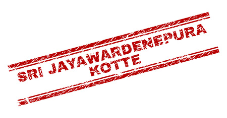 SRI JAYAWARDENEPURA KOTTE seal stamp with grunge texture. Red vector rubber print of SRI JAYAWARDENEPURA KOTTE caption with grunge texture. Text caption is placed between double parallel lines.のイラスト素材
