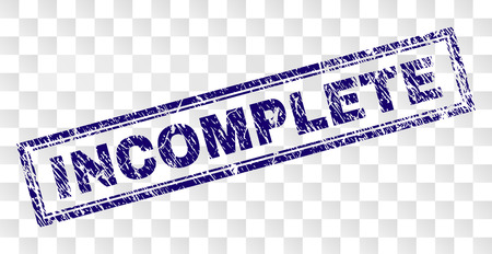 INCOMPLETE stamp seal print with rubber print style and double framed rectangle shape. Stamp is placed on a transparent background. Blue vector rubber print of INCOMPLETE caption with dust texture.