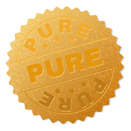 PURE gold stamp award. Vector gold award with PURE text. Text labels are placed between parallel lines and on circle. Golden area has metallic structure.のイラスト素材