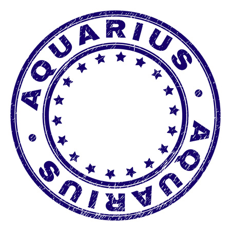AQUARIUS stamp seal imprint with distress texture. Designed with circles and stars. Blue vector rubber print of AQUARIUS tag with unclean texture.のイラスト素材