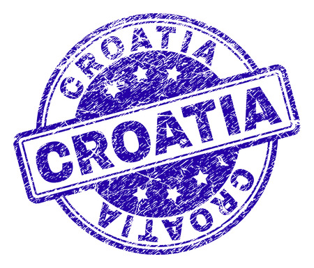 CROATIA stamp seal imprint with distress texture. Designed with rounded rectangles and circles. Blue vector rubber print of CROATIA label with grunge texture.のイラスト素材