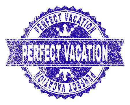 PERFECT VACATION rosette seal watermark with grunge style. Designed with round rosette, ribbon and small crowns. Blue vector rubber watermark of PERFECT VACATION label with corroded style.のイラスト素材