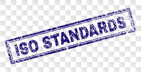 ISO STANDARDS stamp seal watermark with rubber print style and double framed rectangle shape. Stamp is placed on a transparent background.のイラスト素材