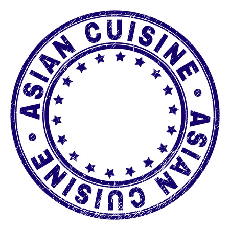 ASIAN CUISINE stamp seal imprint with grunge texture. Designed with round shapes and stars. Blue vector rubber print of ASIAN CUISINE label with unclean texture.のイラスト素材