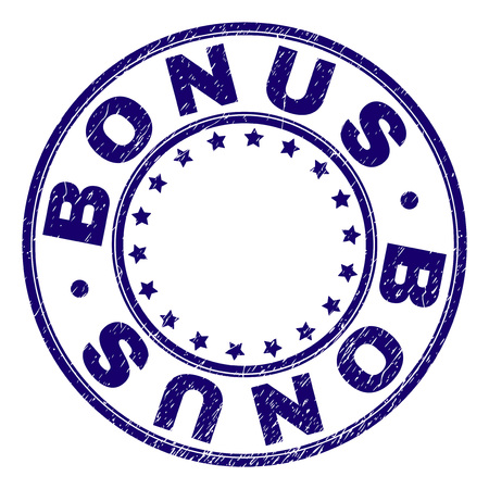 BONUS stamp seal imprint with distress texture. Designed with circles and stars. Blue vector rubber print of BONUS label with dirty texture.のイラスト素材