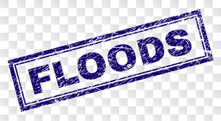 FLOODS stamp seal print with rubber print style and double framed rectangle shape. Stamp is placed on a transparent background. Blue vector rubber print of FLOODS text with retro texture.のイラスト素材