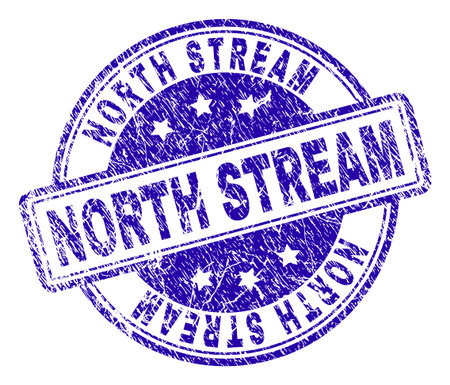 NORTH STREAM stamp seal imprint with distress texture. Designed with rounded rectangles and circles. Blue vector rubber print of NORTH STREAM tag with scratched texture.のイラスト素材